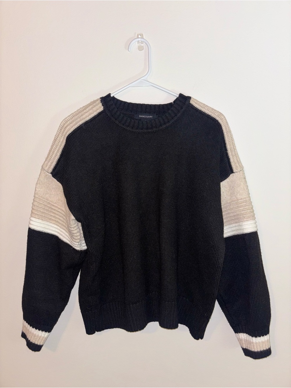 Sanctuary Men's Black Crewneck Sweater with Cream Accents